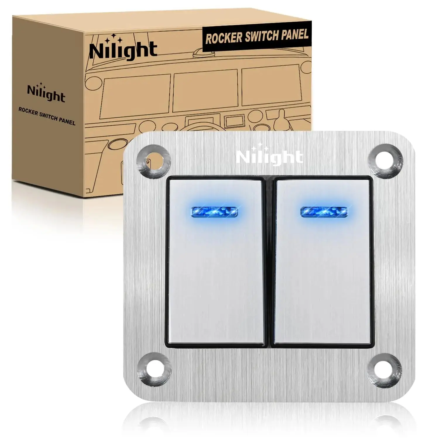 Nilight 2-Gang Aluminum 3-Pin ON/OFF Blue LED Rocker Switch Panel - 12V/24V DC, 1x Pre-Wired, for Boat, Yacht, ATV, Driving & DIY Sticker Installation