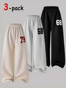Girls' Loose Fit Wide Leg Sweatpants Set, Spring & Fall Digital Print Design, Casual Pants for All Seasons, Comfortable and Stylish