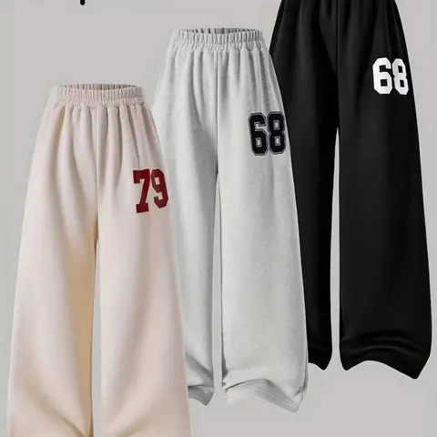 Girls' Loose Fit Wide Leg Sweatpants Set, Spring & Fall Digital Print Design, Casual Pants for All Seasons, Comfortable and Stylish, All Season Bottoms