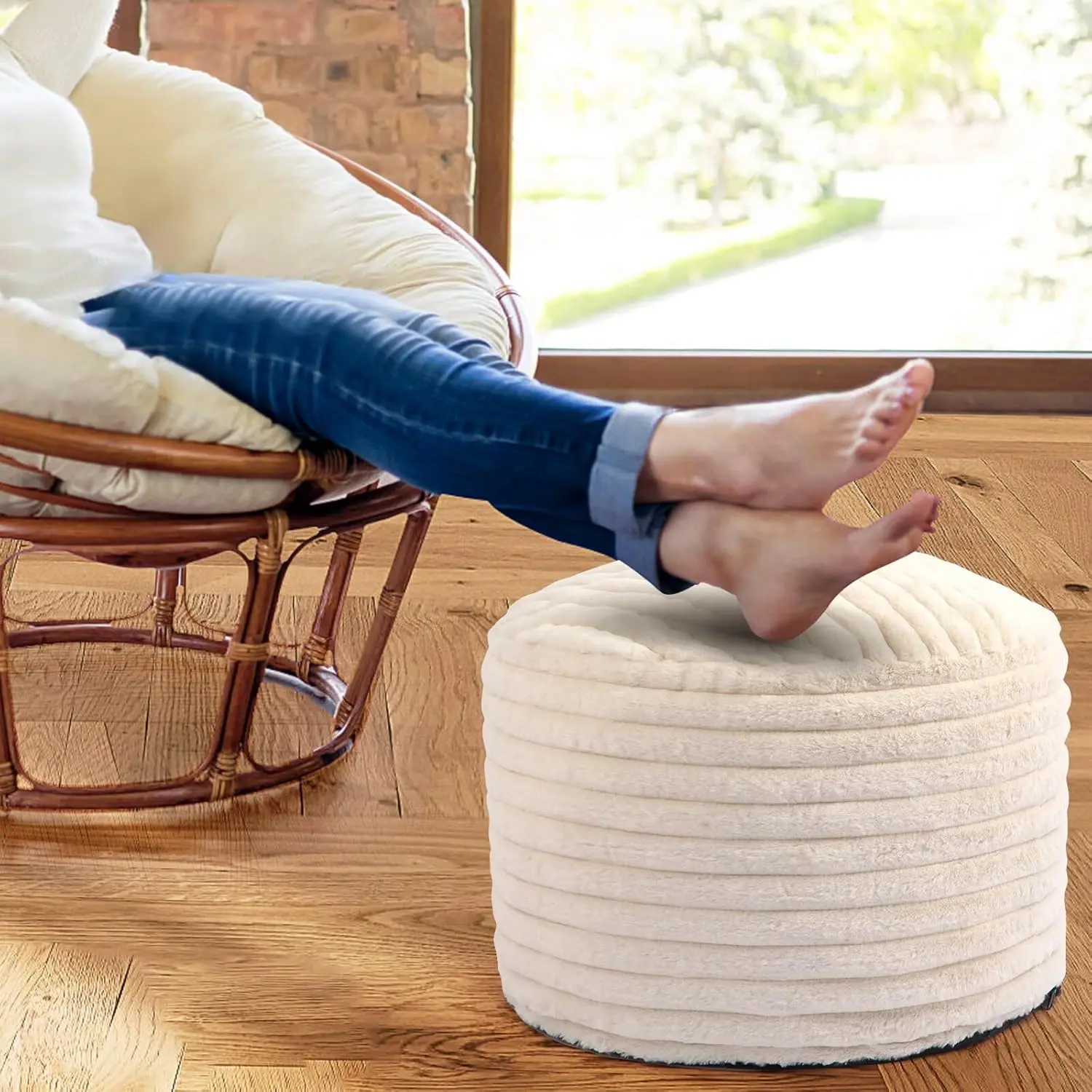 Beige Striped Round Stuffed Pouf Ottoman Stool - Compact Foam Chunk & Memory Foam Fill, Faux Fur, Zipper Closure Removable Design, Fluffy Foot Rest (20"x15") - Stylish and Comfortable for Living Room, Friends Gifting for Birthdays, Housewarming Parties