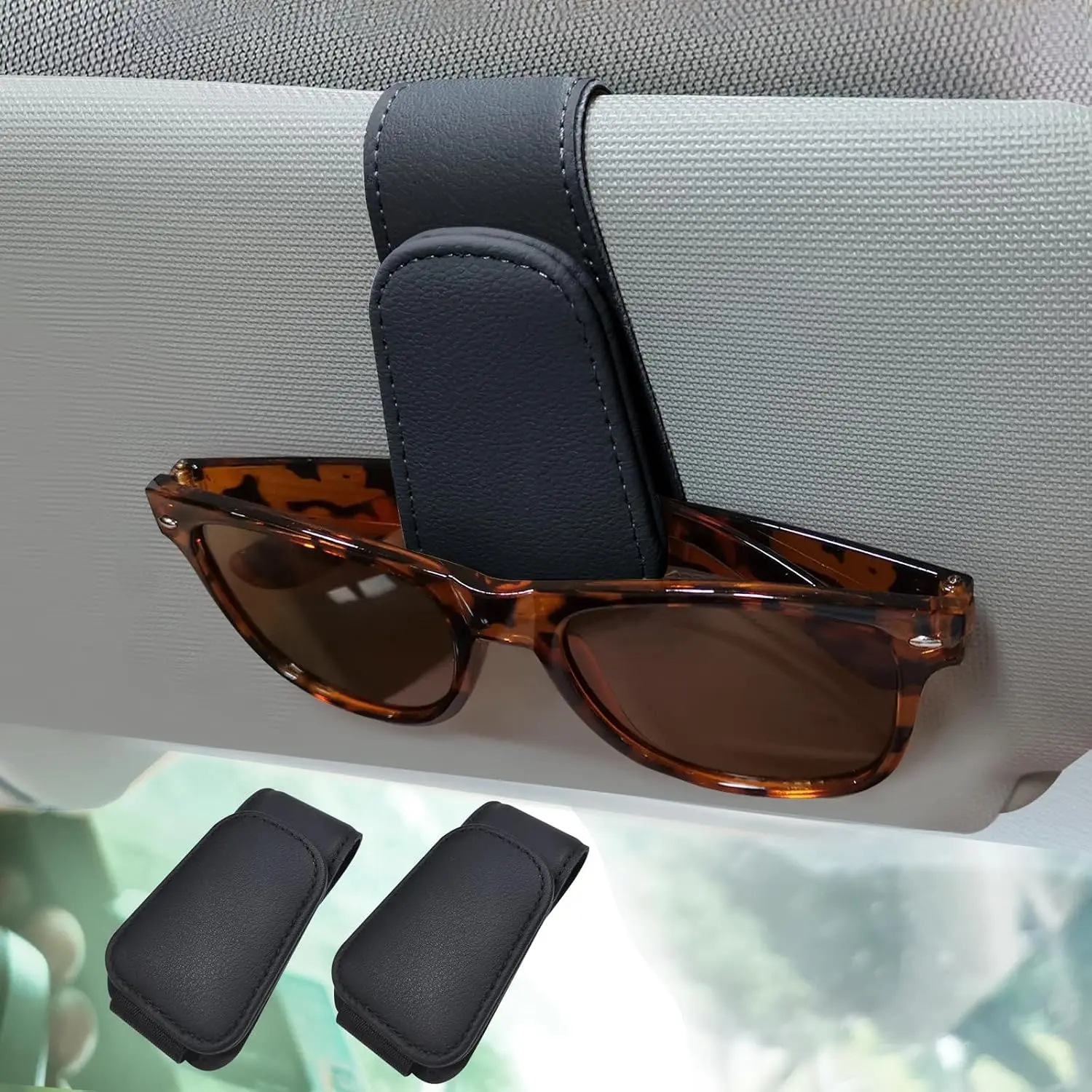 2 Pack Sunglasses Holders for  Sun Visor, Leather Glasses Eyeglass Hanger Clip for ,Visor Sunglass Holder,Glasses Hanger Clip, Sunglasses Clip for  Visor(Black)