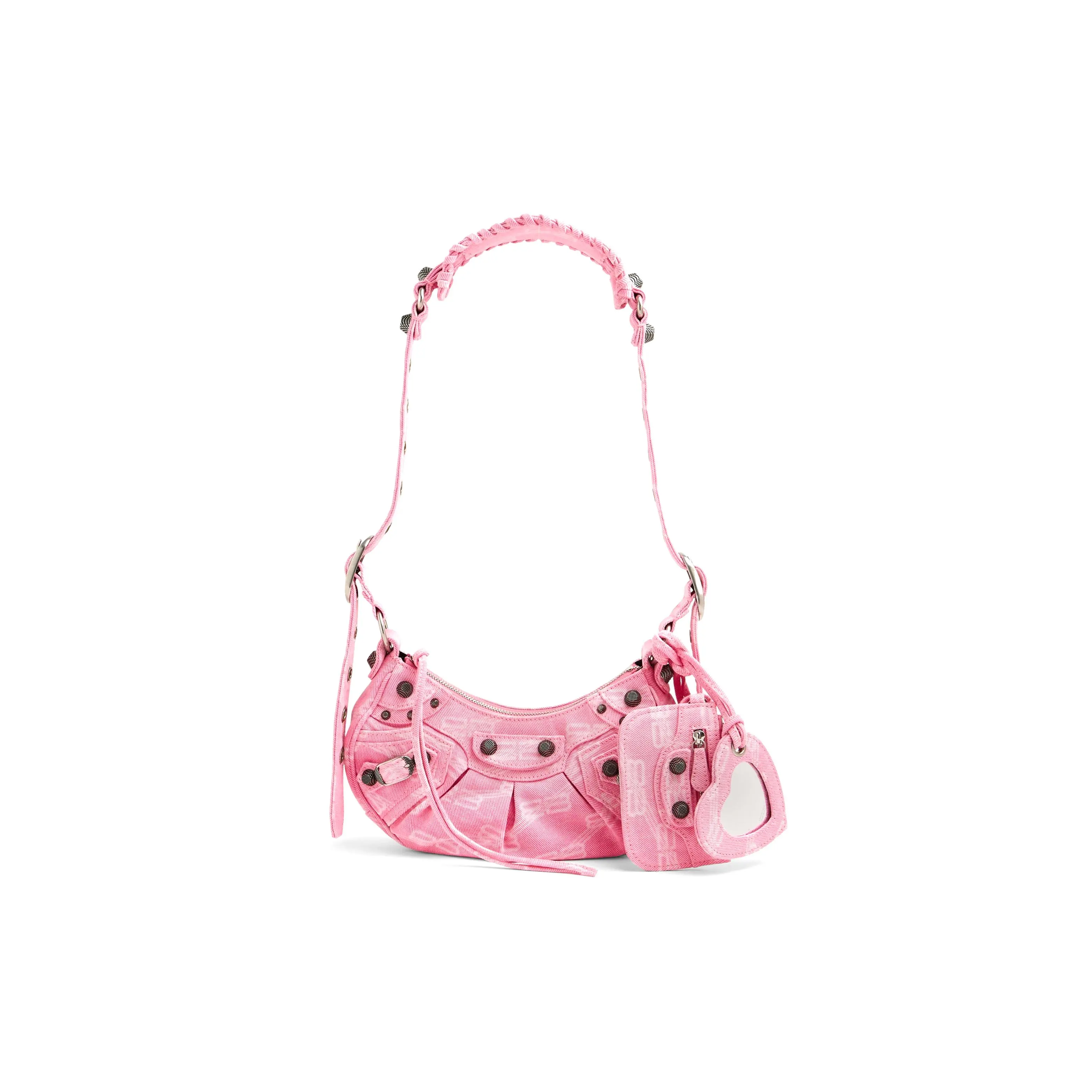 Balenciaga Le Cagole Mini Crossbody Bag for Women, Cotton and Denim Blend with Distressed Metal Zippers, Pink