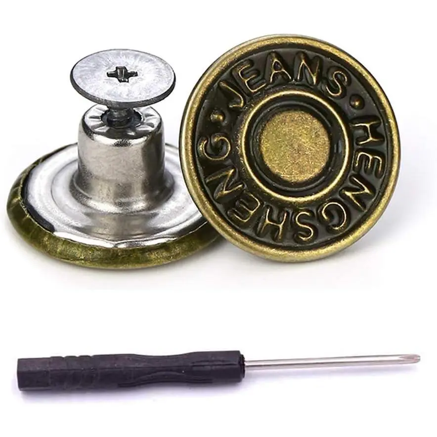 15 Sets  Jeans Buttons, 17mm No-Sew Nailess Removable Metal Jeans Button  Repair Combo Thread Rivets and Screwdrivers