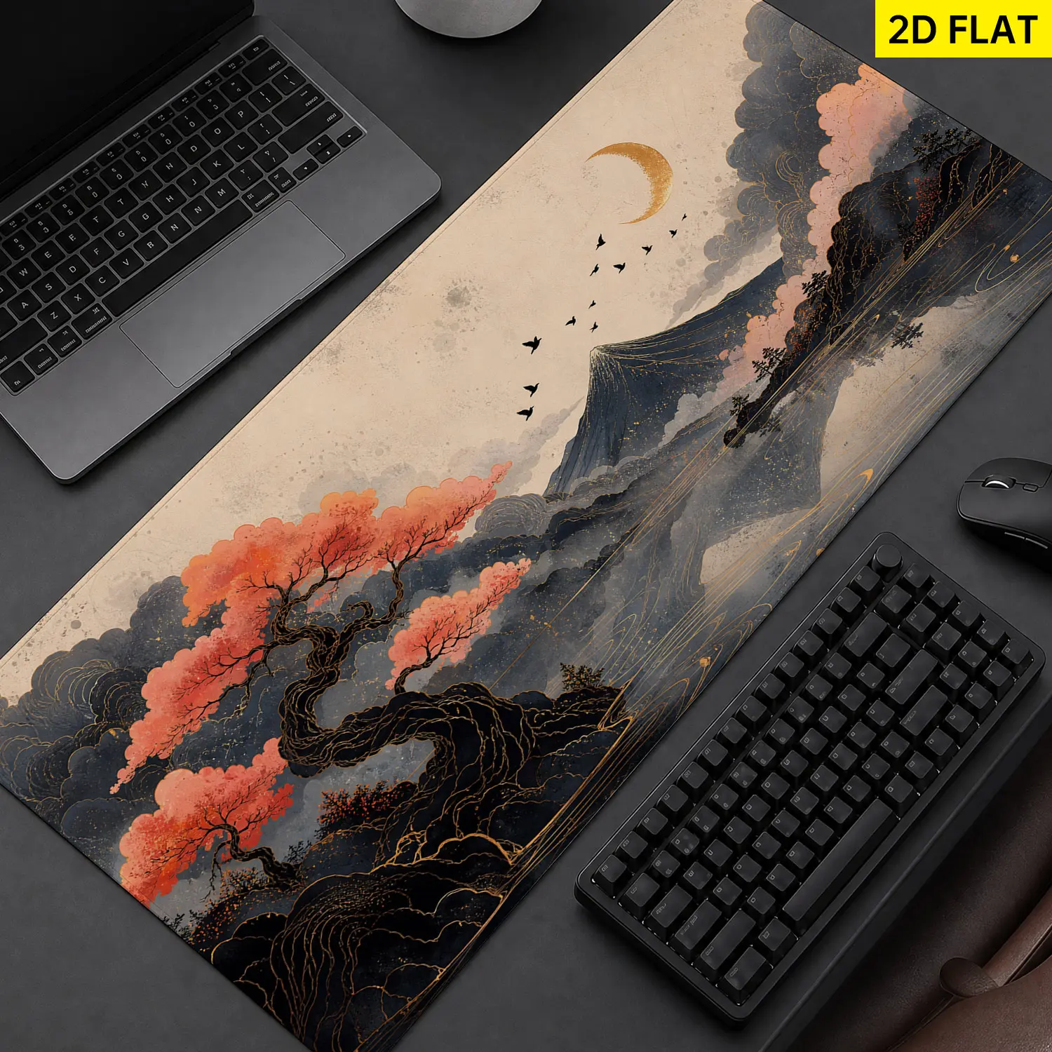Extra Large Japanese landscape cherry blossom and mountain Mouse Pad,Non Slip Rubber Pad,Desktop Decoration Drotection Pad,Washable,Lock Edge Multi Size,Premium Multipurpose Mousepad For Office,Home,Gift for Family and Friends