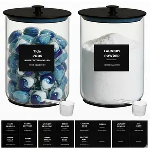 2 Pack 1 Gallon Glass Laundry Detergent Dispenser for Powder, 4L Large Laundry Pods Holder with Hygienic Plastic Lids & Metal Rim, Airtight Glass Canister Set with Scoops & Labels, Black