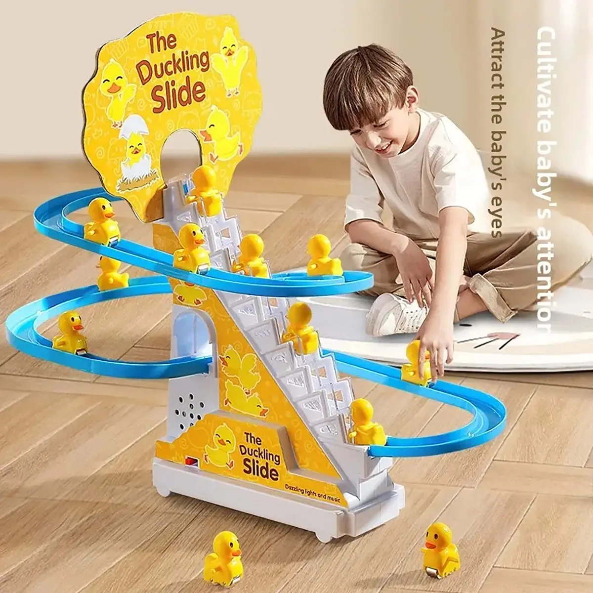 Montessori Electric Cute Little Duck Climbing Stairs Track Toy Auto Slide Roller Coaster With Colorful Lights And Music Funny Soothing Educational Toy For Toddlers Babies