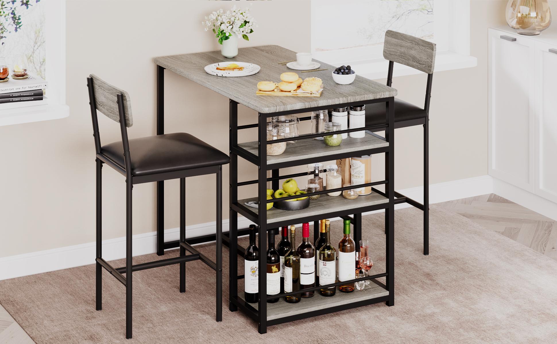YJ-Garvee 3-Piece ，1 Dining Table Set for 2 with Upholstered Chairs, Counter Height Kitchen Table with 3 Storage Shelves, Rustic Gray Finish, Ideal for Small Spaces and Apartments