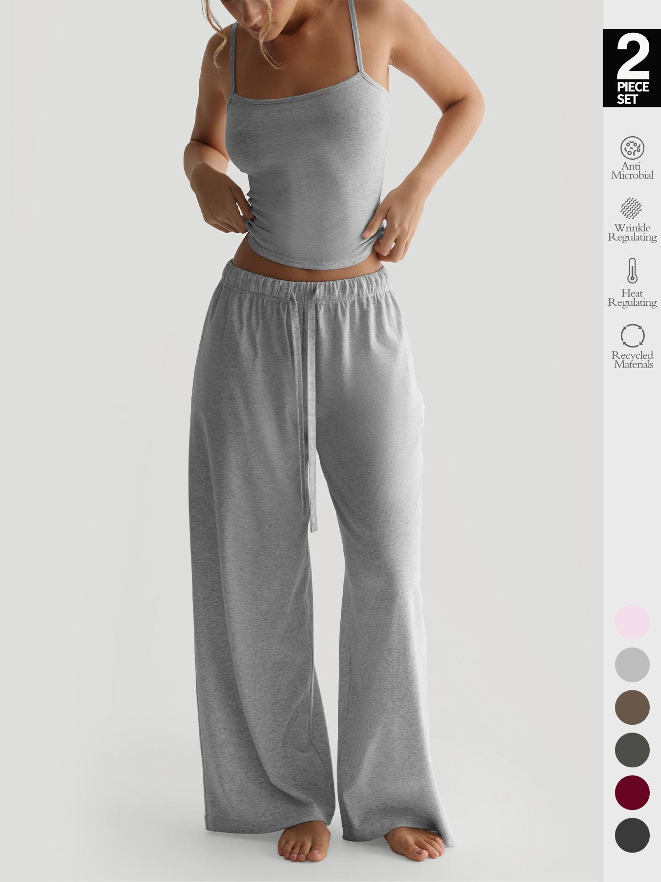 Women's All Seasons Fitted 2-Piece Set, Sleeveless Top & Wide-Leg Pants, Casual Comfortable Sportswear Set with Pockets