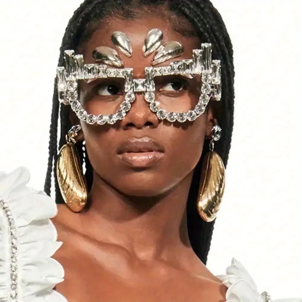 Women's Rhinesne Eyeglass Frame - Non-Lens Openwork-Out Glasses with Sparkling Geometric design, Party Wedding Birthday Formal Event Accessories - No Lens Needed for Costume Everyday Glamour, Wedding Glasses, Festive Accessories, Bold Statement Accessory,