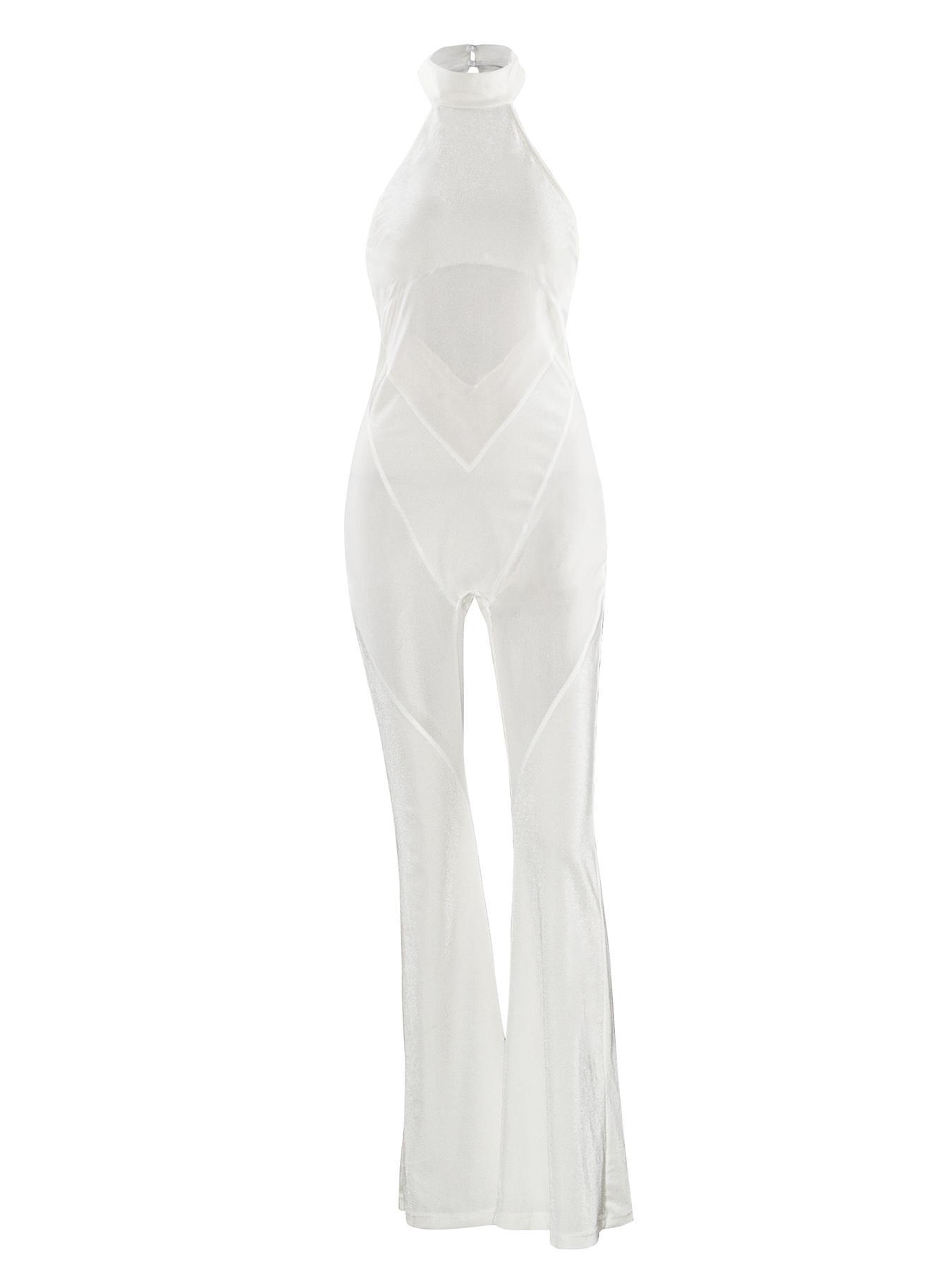 Women's Sheer Tulle Flare-Leg Sleeveless Halter-Neck Jumpsuit, Solid Drop-Waist Slim-Fit Jumpsuit for Summer, Party and Club