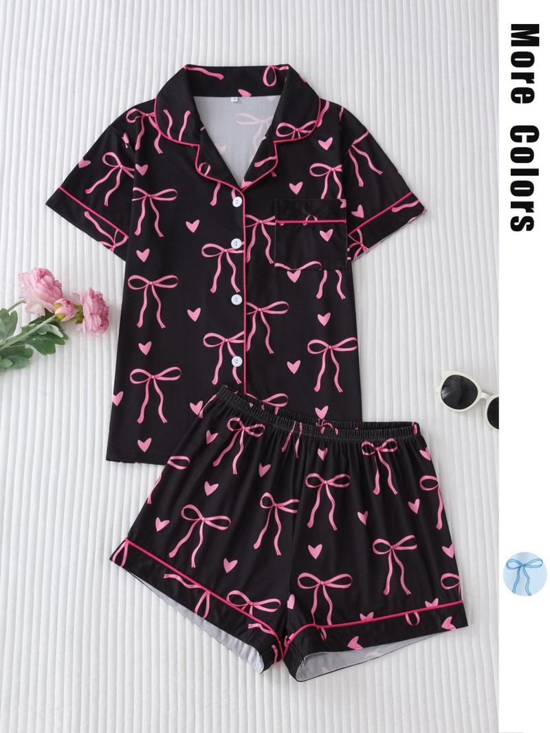 Women's All Over Bow Print Lapel Neck Pocket Shirt & Elastic Waist Shorts Pyjama Two-piece Set, Casual Comfy Short Sleeve Top & Shorts Pj Set, Pajama Sets Women, Ladies Sleepwear for All Seasons, Pajamas, Womenswear, Lounge Wear