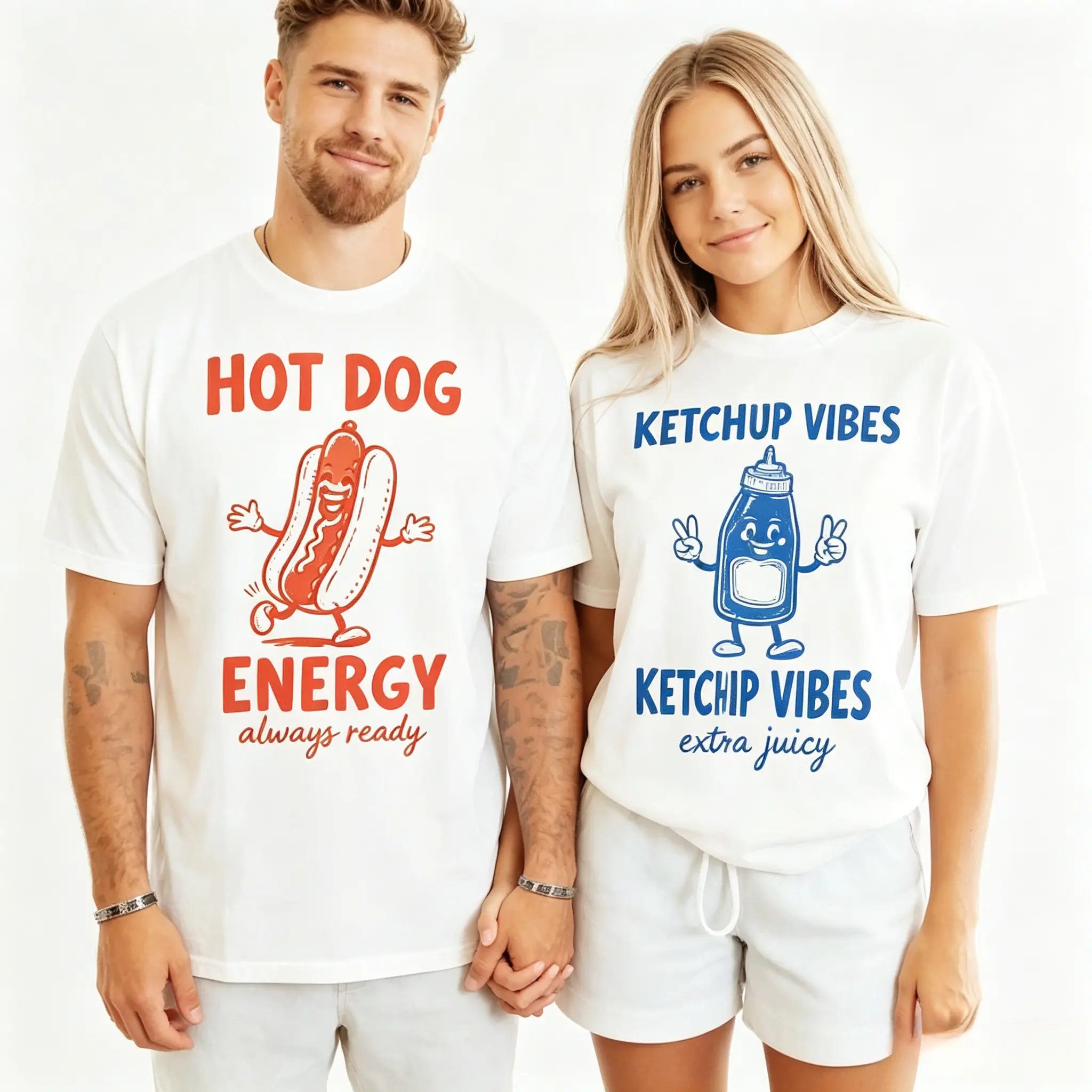 Matching Graphic T-shirt Featuring Cartoon Hot Dog And Ketchup Design For Couples, Casual Independence Day Outfit For Partners, Fun Food Themed Couple T-shirt