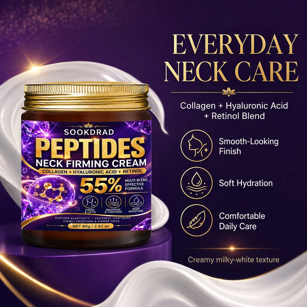 Peptides Neck Firming Cream, Hyaluronic Acid, Retinol, Collagen, Firms Lifts, Smooths Tightens, Deep Moisturize, Neck Care, All Skin, 80g