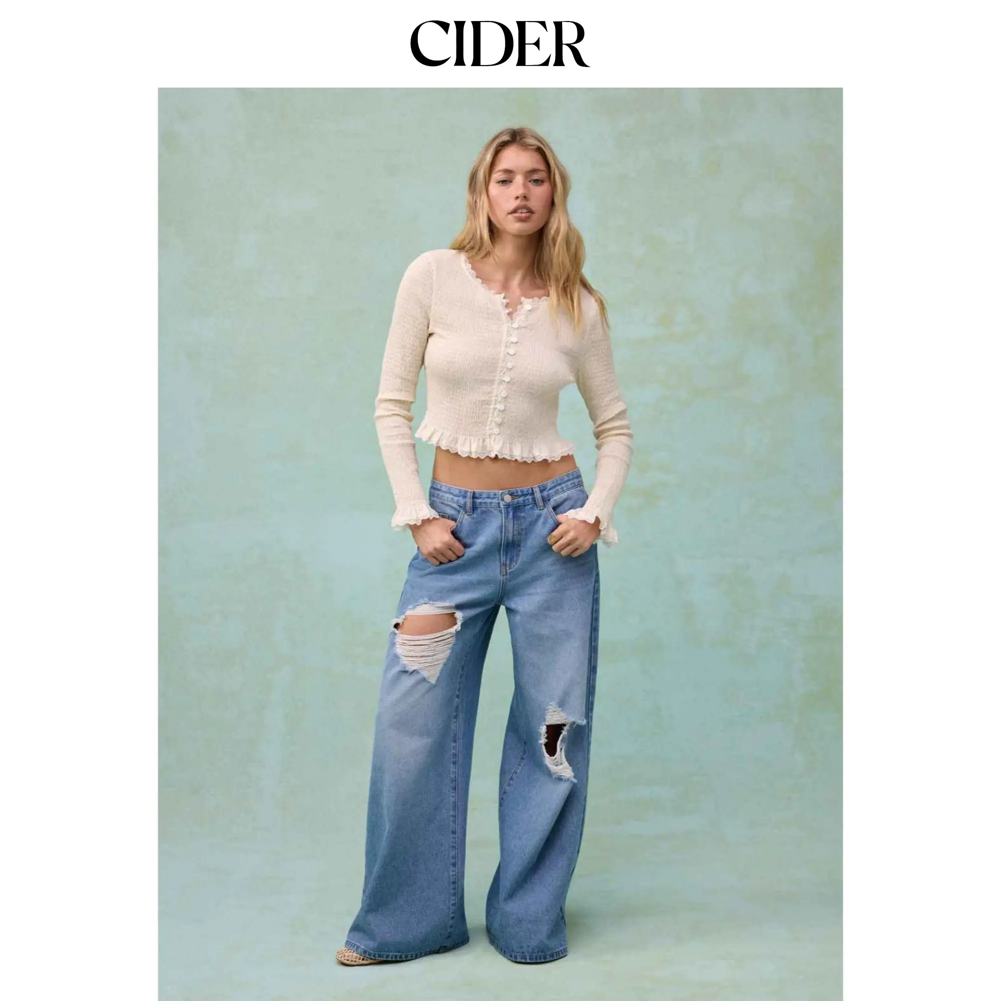 Cider Cider Denim Low Rise Cut Out Ripped Wide Leg Jeans