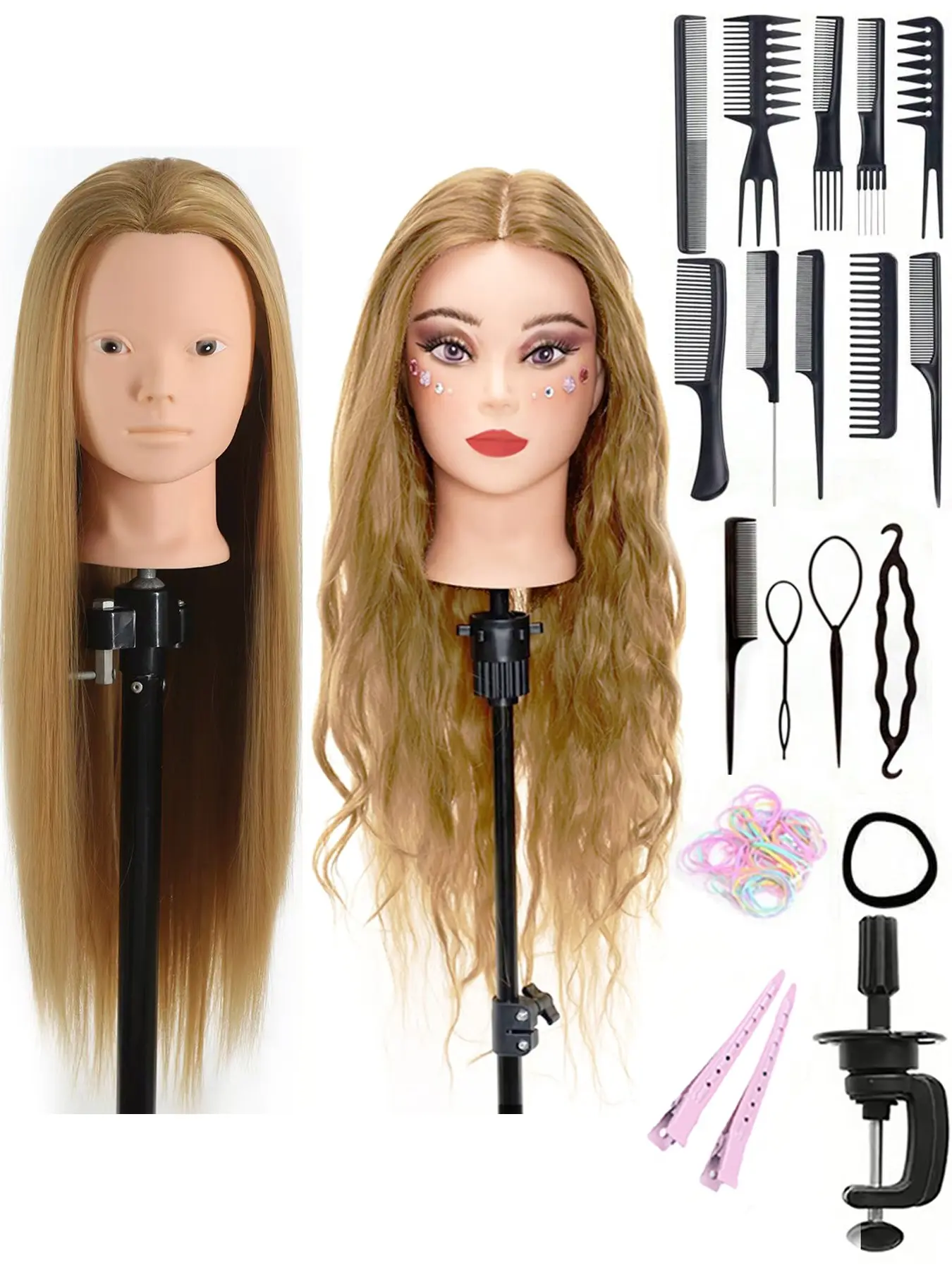 26 Inch Mannequin Head with Hair, Braiding Hairdressing Doll Head, Hair Styling with Table Clamp, Makeup Cosmetology Practice Head