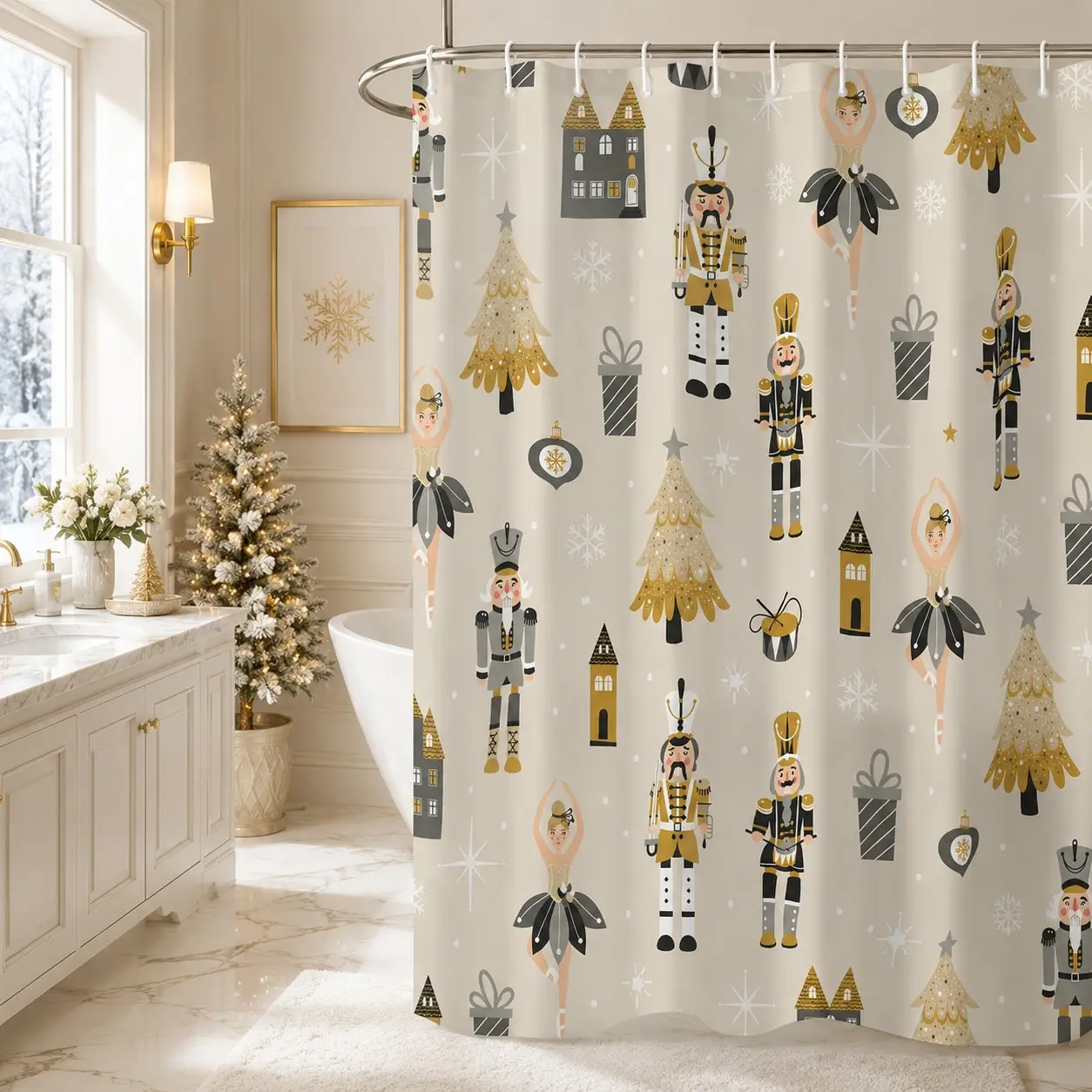 Winter Christmas Nutcracker Printed Shower Curtain, Single‑Sided Print, Lightweight Curtain With Hooks Included, for Teens and Adults Bathroom Decor, Home Bathroom Renovation Decor, Ideal for Housewarming or Birthday Gifts