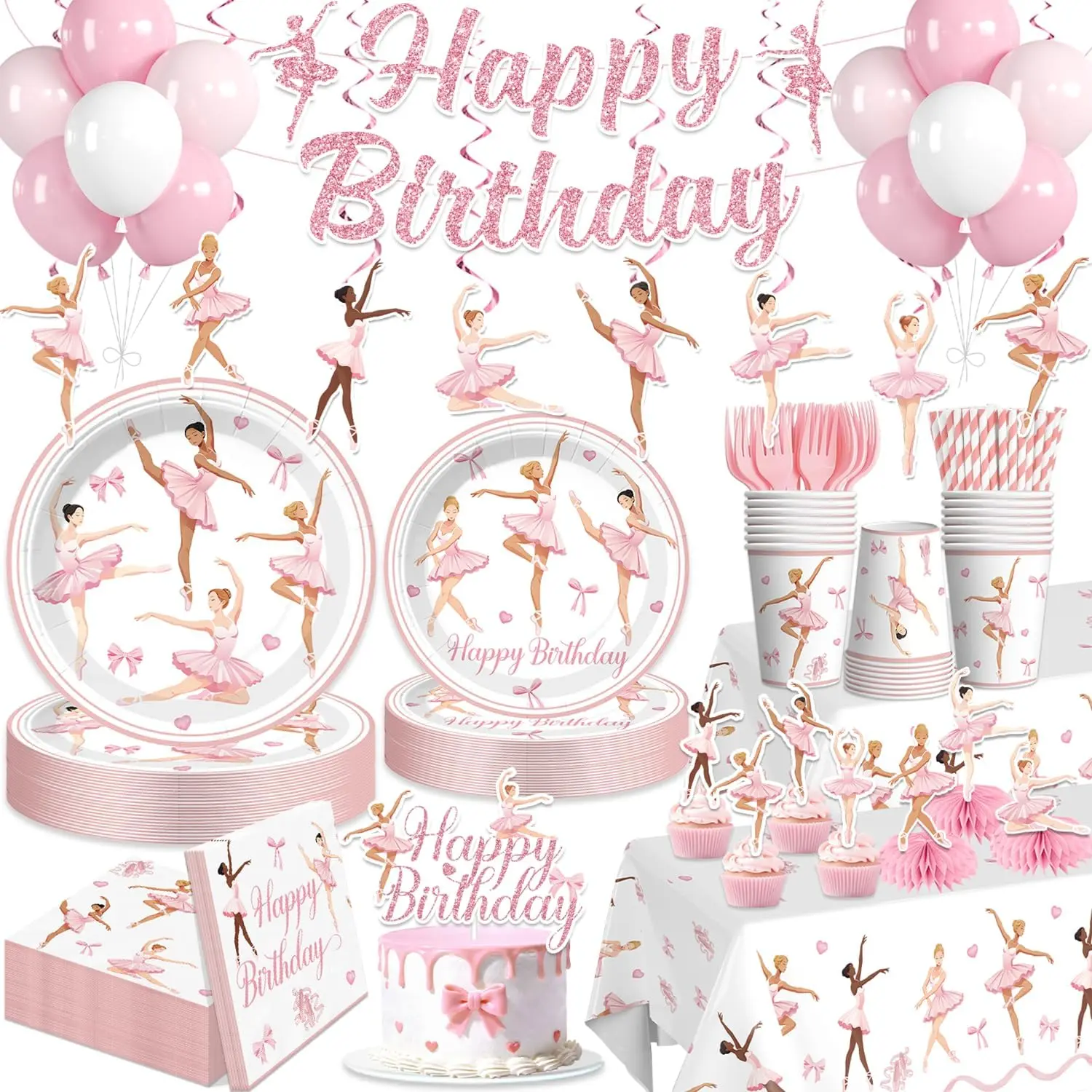 Ballerina Birthday Party Decorations for 25 Guests, 205PCS All-in-One Pink Ballet Party Supplies with Banner, Balloons, Plates, Napkins and Tablecloth, Dance Birthday Party Decor for Girls