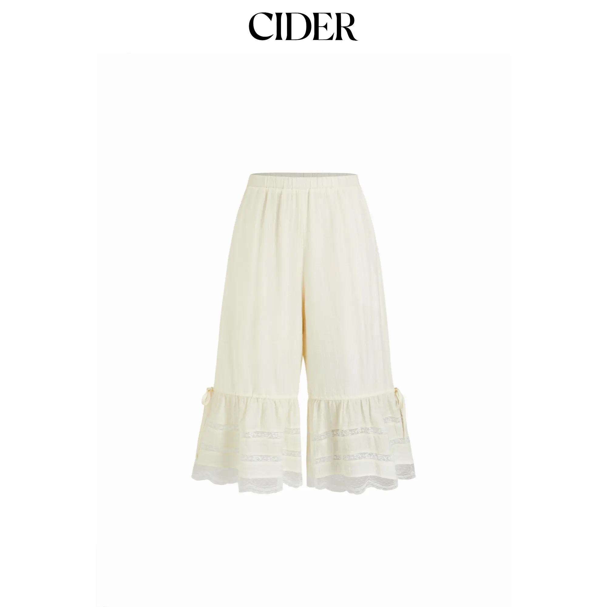 Cider Textured Mid Rise Lace Panel Ruffle Hem Capri Shorts