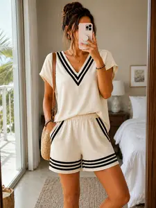 Women's Fashion V-Neck Casual Two-Piece Set, Top, Summer Vacation Style, Elegant Loose Fit, Office Wear, Beach, Stylish Comfortable