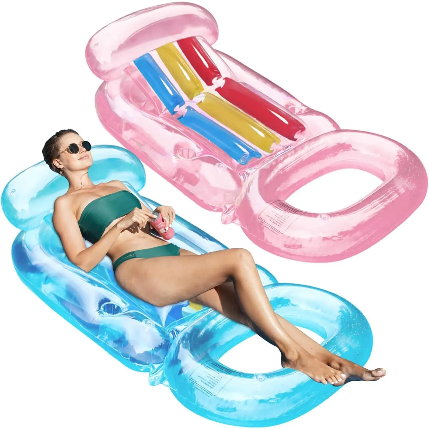 2 Pack Pool Floats for Adults - 62'' Large Pool Lounger with Cup Holder, Inflatable Rafts with Footrest & Headrest for Summer Vacation Parties