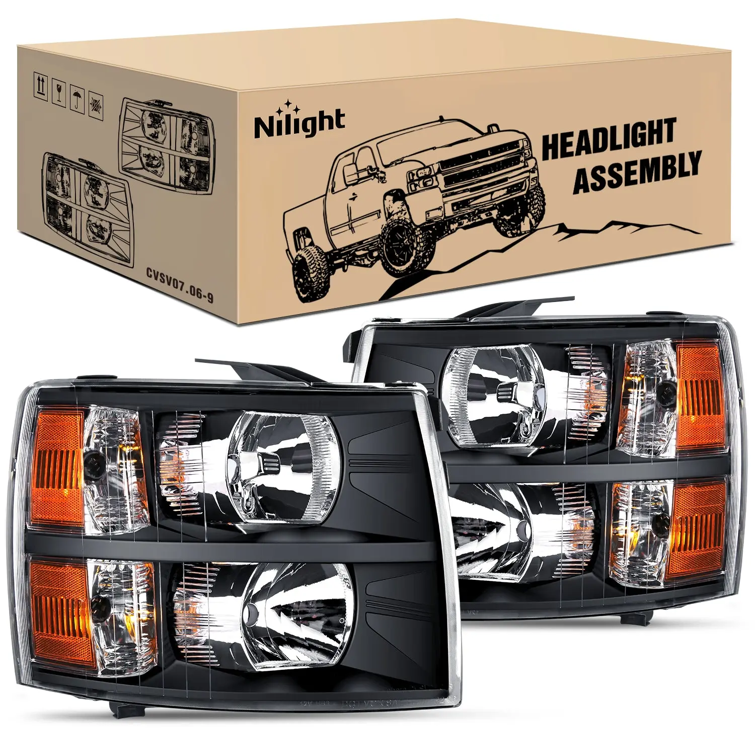 Nilight Car Headlights Kit for 2007-2011,2013 Chevy Silverado 1500 & 2007-2011,2013-2014 Silverado 2500HD/3500HD - Black Case, Amber Reflector, Truck Waterproof, Dust-Proof, Easy Install, Temperature-Resistant, Yes-Fit Verification, Replacement Car Lights
