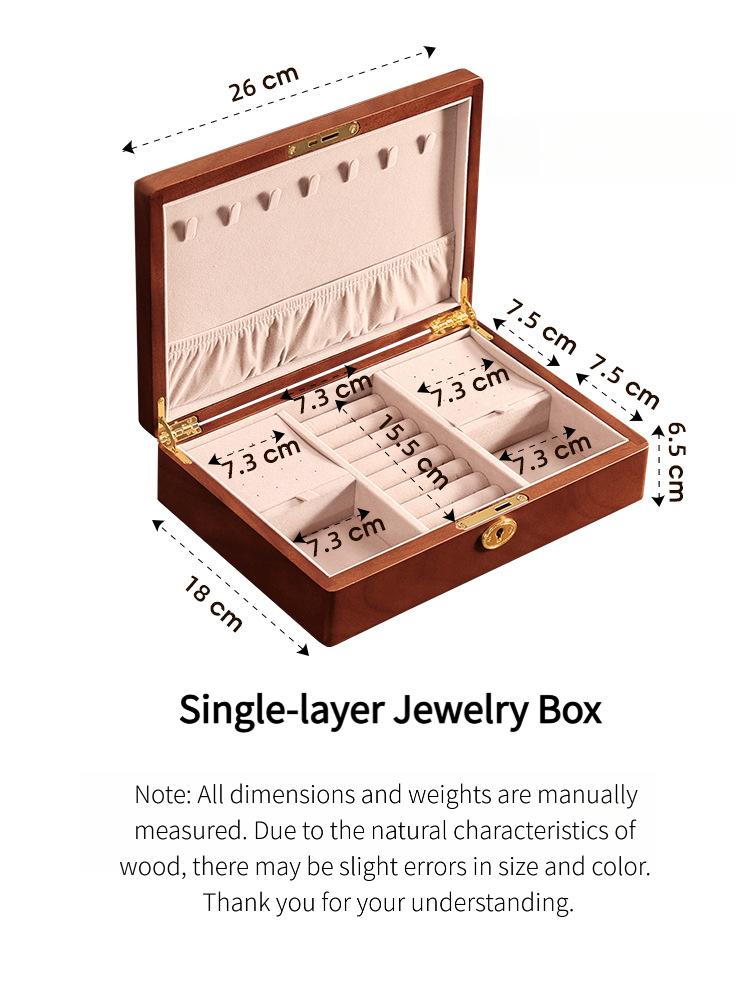 Solid wood embedded double-layer home jewelry box, desktop earring and ring storage box, flip-top lockable accessory storage box