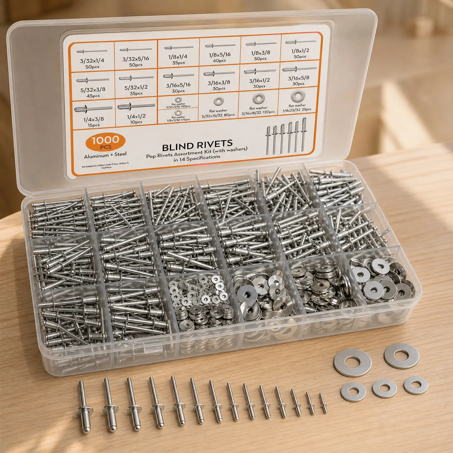 1000PCS Aluminum Pop Rivets Assortment Kit with Washers, 14 Sizes Pop Rivets (3/32", 1/8", 5/32", 3/16", 1/4"), 5 Sizes 304 Stainless Steel Washers, Blind Rivets for Metal, DIY RepairGift