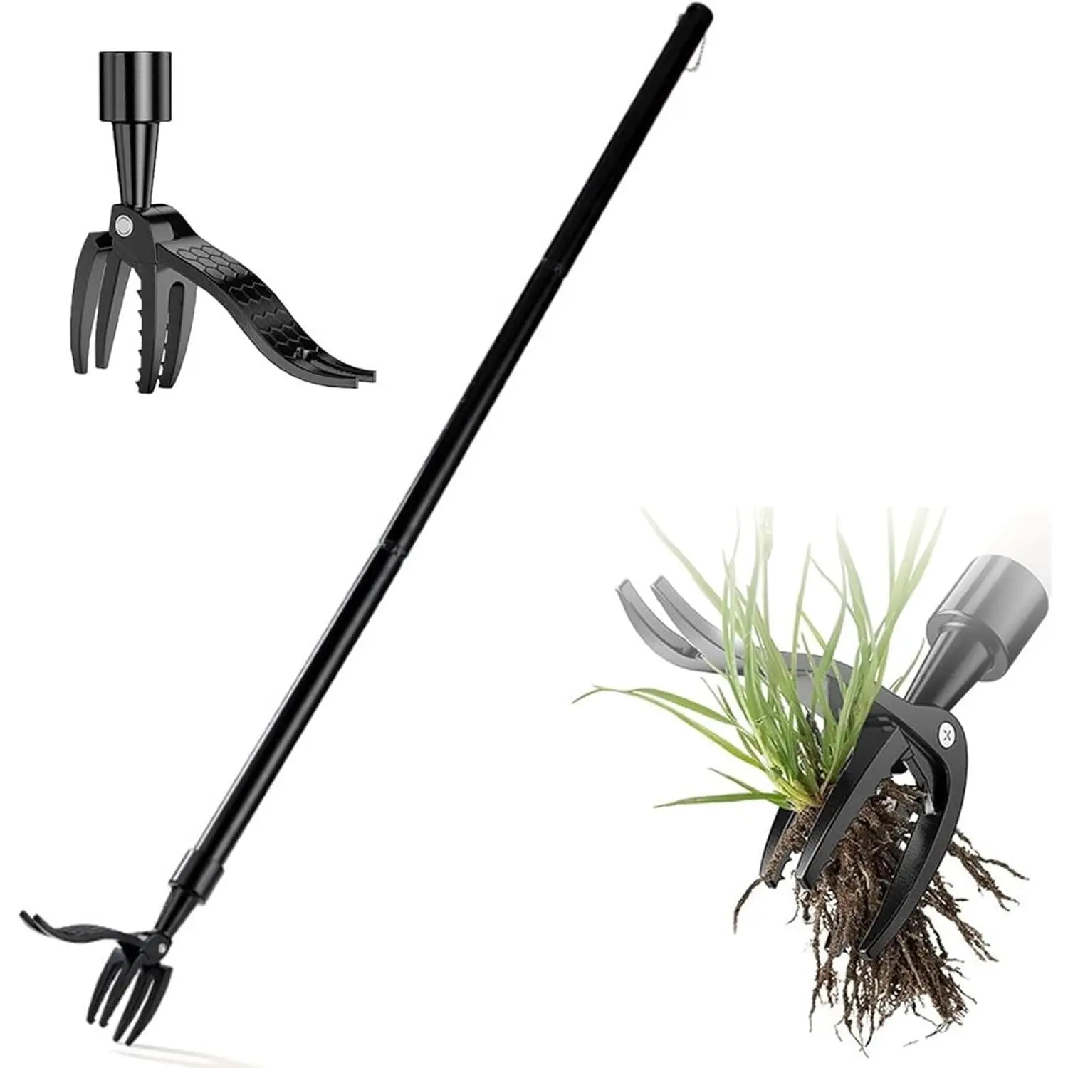 Manual Weed Puller Tool - Stand Up Weeder with 4-Claw Head & 3-Section Long Handle, Permanently Remove Dandelions with Roots, No Bending Seniors, Lawn & Garden Tool