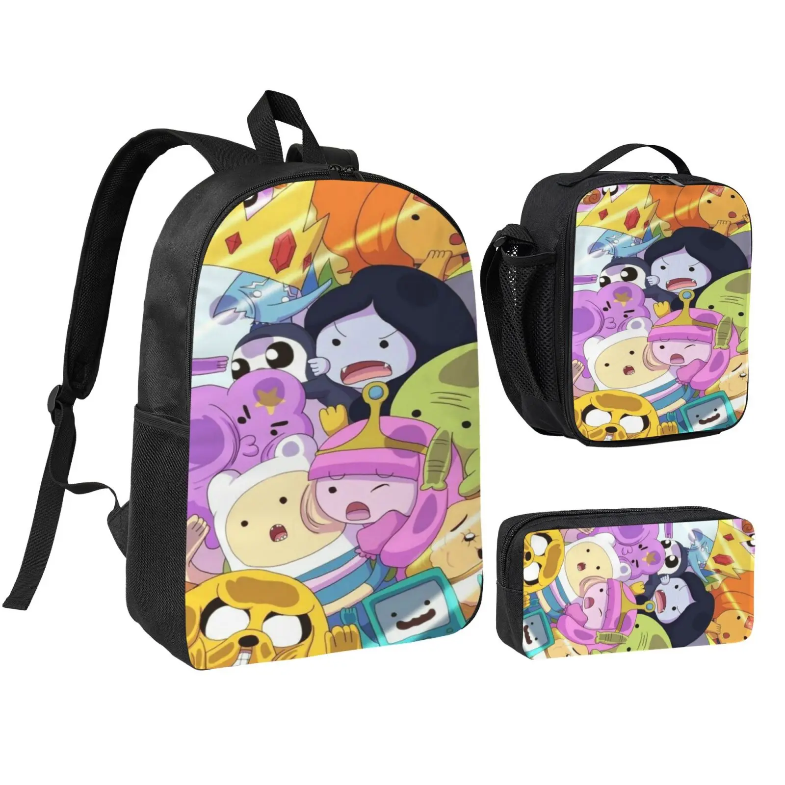 Anime 3Pcs Adventure Time5 Backpack Set, Student School Bookbag, Insulated Lunch Box & Pencil Case for Teens Boys and Girls School Travel Office