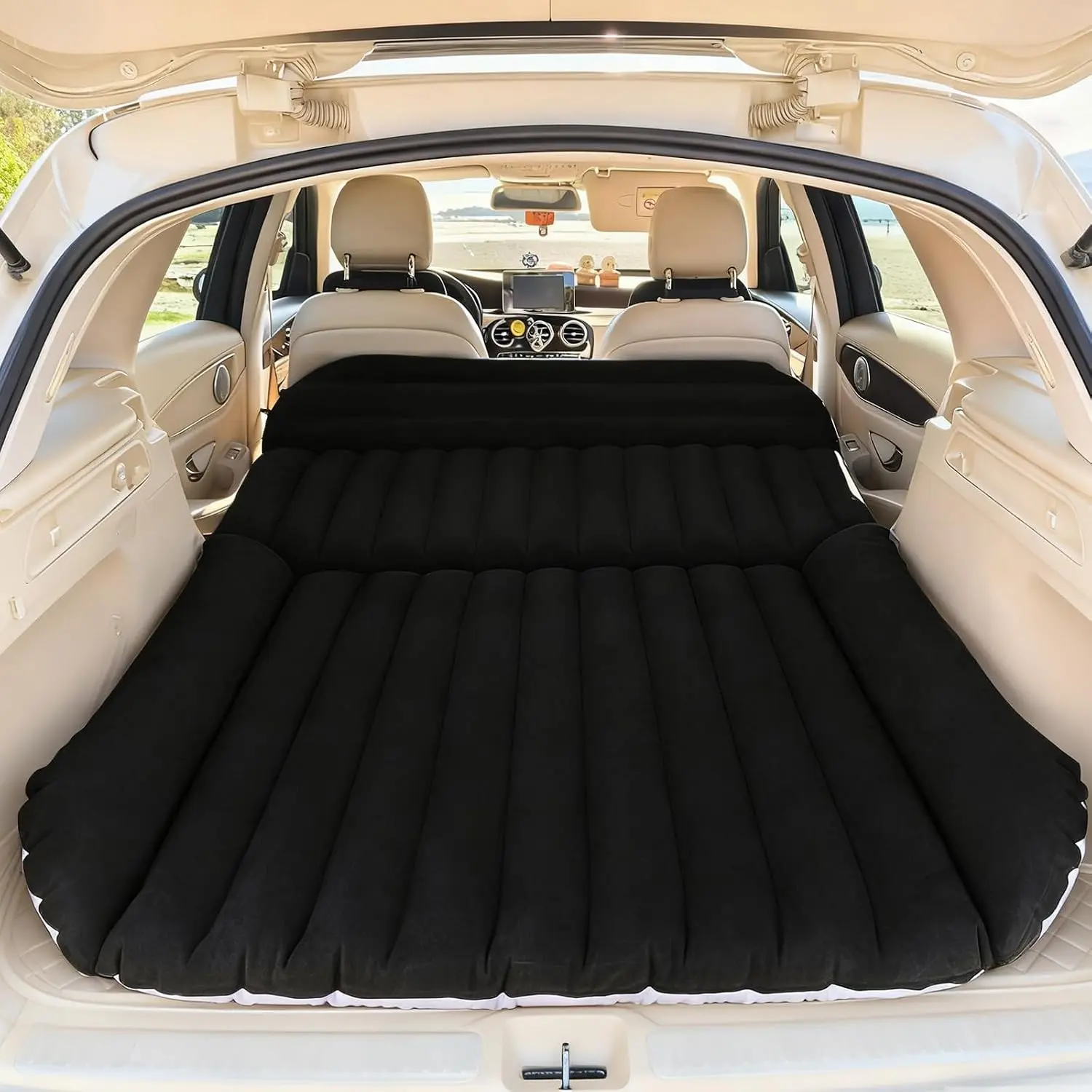 SUV Car Back Seat Inflatable Air Mattress - Compact, Easy-to-Blow-Up Portable Bed with Electric Air Pump for Camping, Travel (Black)