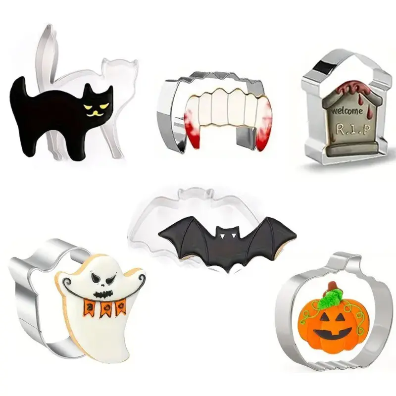 6pcs Halloween Stainless Steel Cookie Cutters, Ghost Pumpkin Tombstone Cat Mummy Bat Shapes, Biscuit Molds for Baking, DIY Crafts, Party Decor