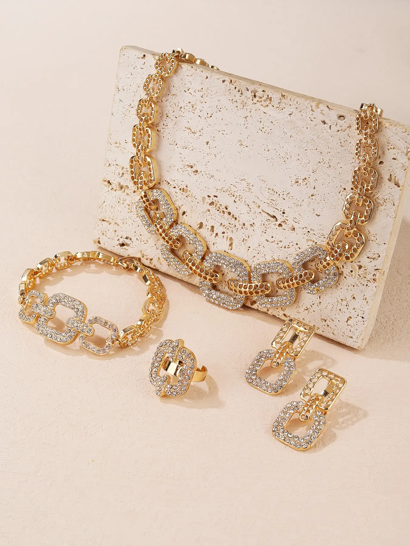 Gold Plated Rhinestone Chain Jewelry Set for Women, 4-Piece Necklace Bracelet Earrings Ring, Sparkling Disc Pendant Design, for Wedding Party Date, Gift