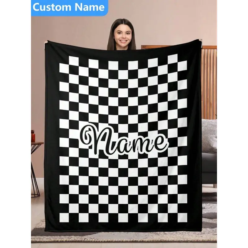 Customized Name Black White Checkered Grid Flannel Throw Blanket - Soft, Cozy, Warm, Wrinkle Resistant, Durable, Fade Resistant, Multi-Size, Racing Theme, Glam Wedding Gift for Couples & Best Friends, All-Season Bedroom Couch Decor, Milestone