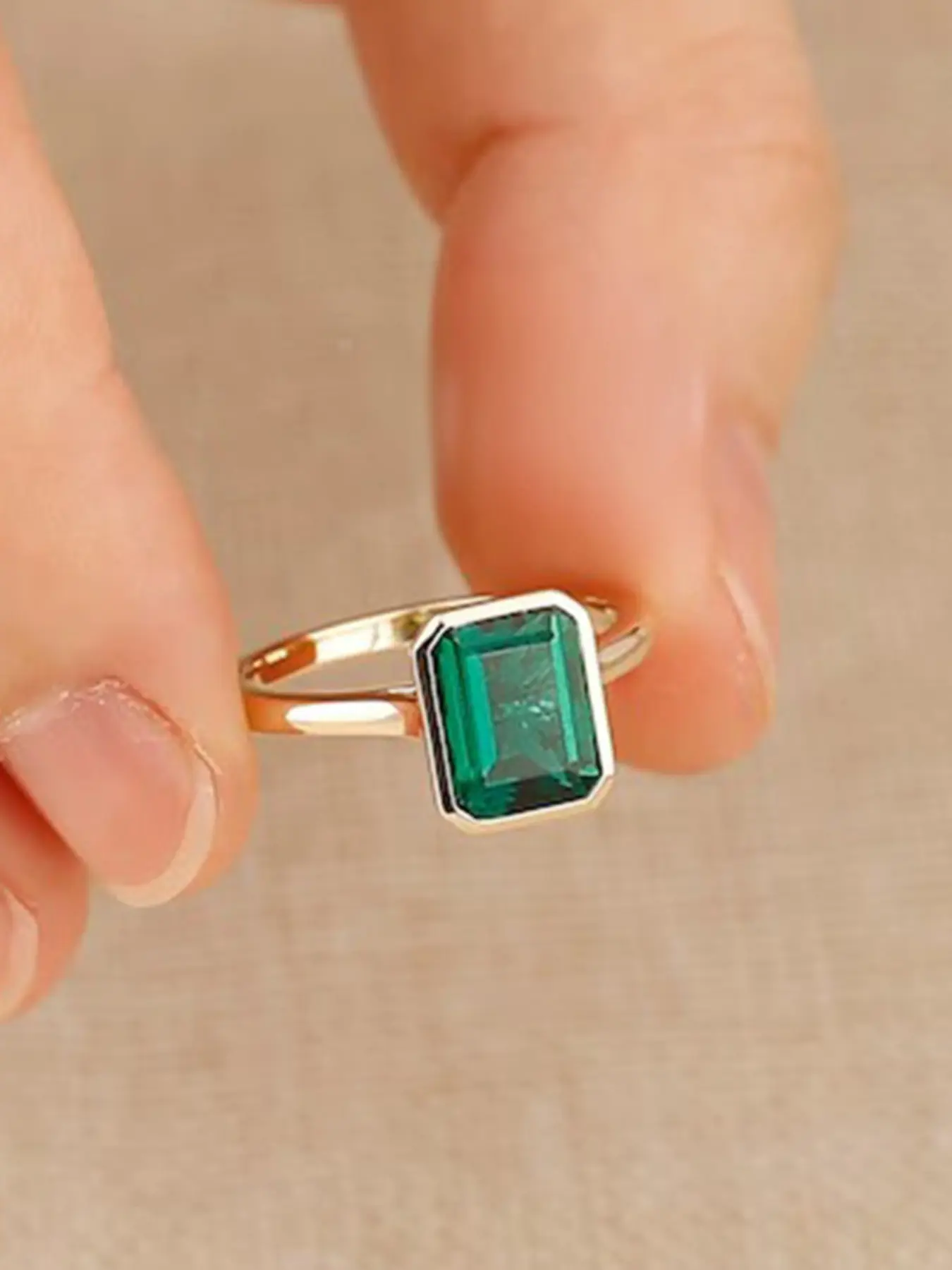 Green Rectangle Rings for Women Synthetic Gemstone Stackable Design Delicate Jewelry Perfect for Engagement Weddings Party, Daily Wear Anniversary Gift Copper Band Rings