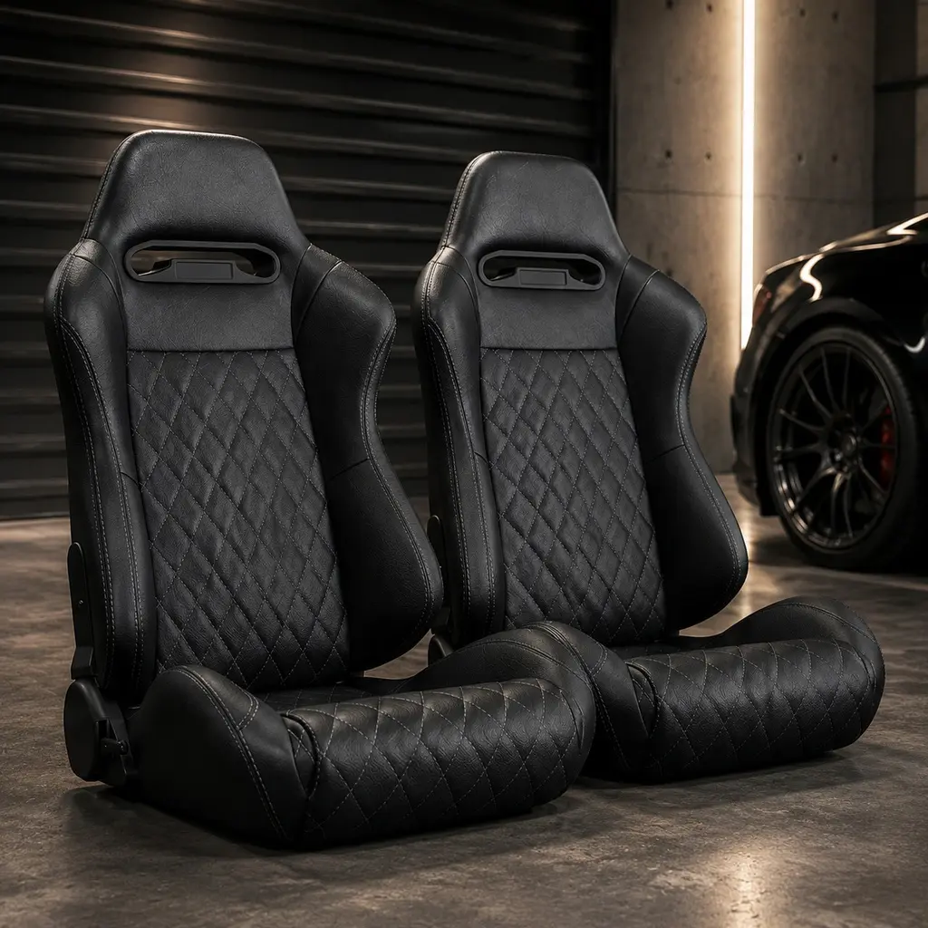 ARCH Universal Racing Seats Pair PVC Leather Reclinable Carbon Look Black/Black+Gray/Brown Options with Dual Lock Sliders Adjustable 90-180 Degree Ergonomic Foam Padding Thick Steel Frame for Car Truck SUV 2PC Set