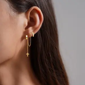 14K Gold Stainless Steel Chain Cross Drop Earrings Dainty Huggie Hoop Tassel Cross Charm Minimalist Helix Cuff Set Religious Faith Aesthetic Stackable Jewelry Daily Church Wedding Party Gift For Women Teen Girls Her