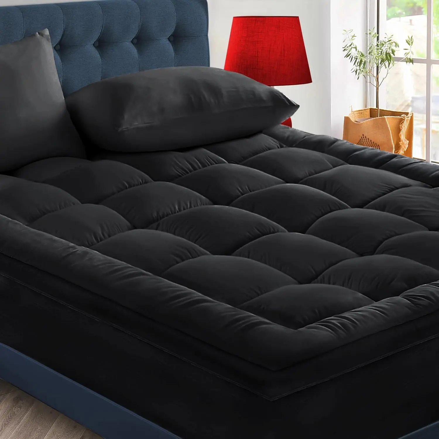 California King Mattress Topper - Thick Cooling Mattress Pad Cover for Back Pain - Soft Mattress Protector with 8-21 Inch Deep, Black