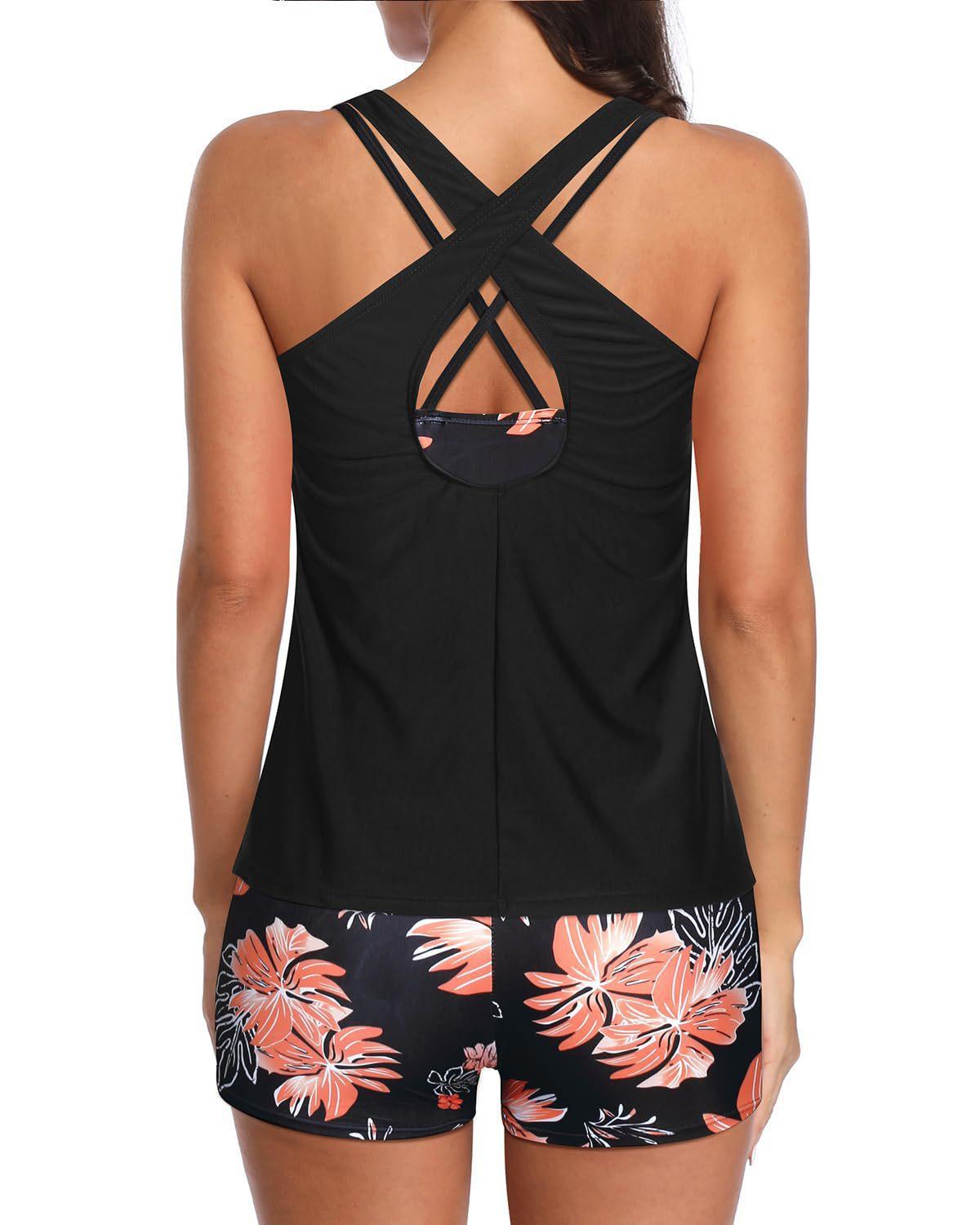 Women's Mint Green 3-Piece Tankini Swim Set - Racerback Tank Top with Floral Boyshorts & Sports Bra for Modest Beach Wear