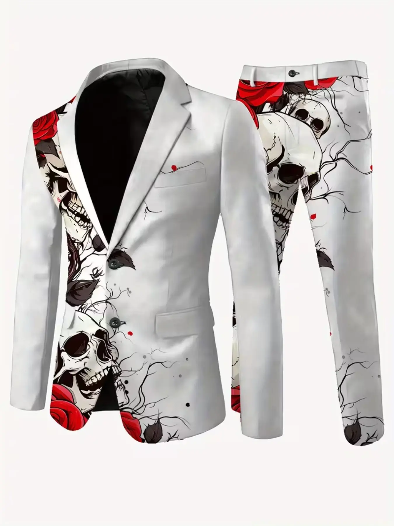Men's Skull Rose Print Blazer Set, Casual Long Sleeve Slim Fit Pants, Halloween Party Stage Performance Suit, All Seasons Wear