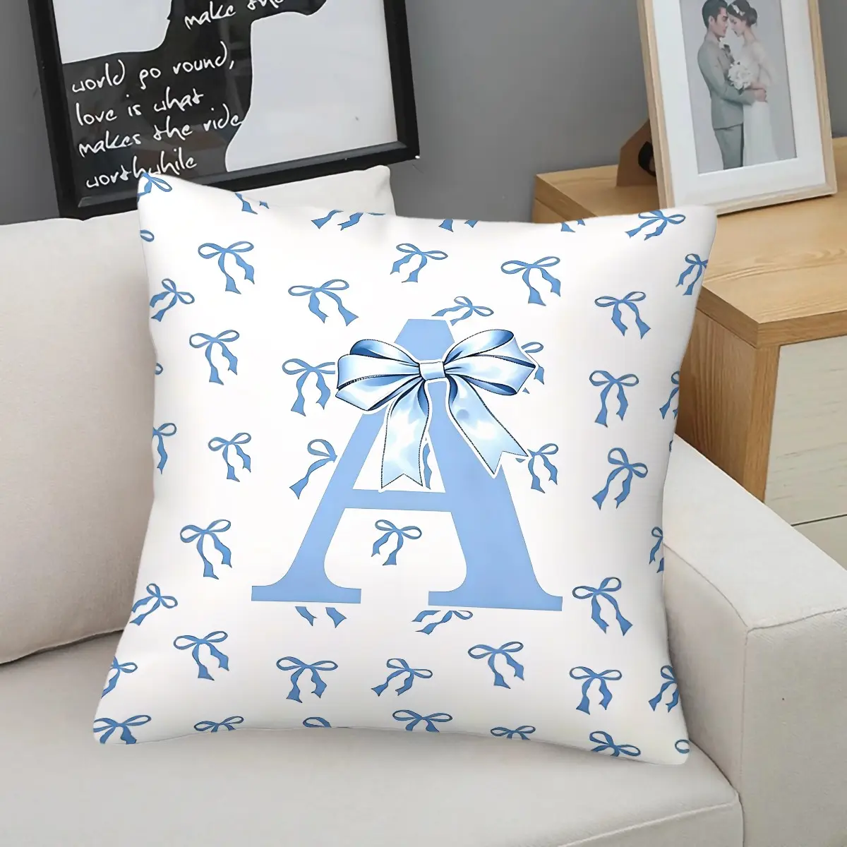 Coquette Blue Bow Initial A-Z Throw Pillow, Preppy Monogram Cushion Accent Pillow with Pillow Core, Soft Comfortable Home Decor Pillows for Sofa Bedroom Dorm, Gift for Children, Teenagers and Girls, Decorative Cushion