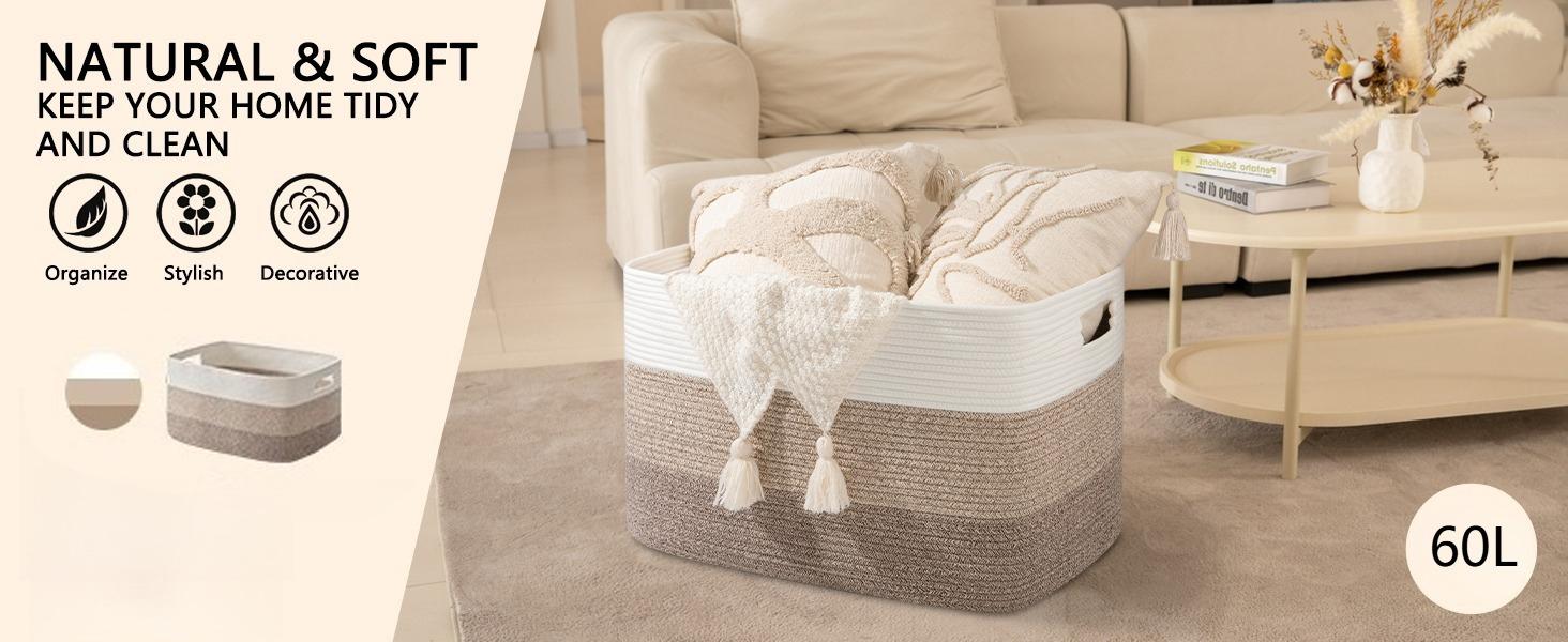 Extra Large Blanket Basket, Rectangle Woven Cotton Rope Storage Basket,Used for storing Dirty Clothes, Stuffed Animal Toy Storage for Living Room,Kids Room,25" x 17" x 16", decorative organizer box Extra Large Blanket Basket, Rectangle Woven Cotton Rope Storage Basket,Used for storing Dirty Clothes, Stuffed Animal Toy Storage for Living Room,Kids Room,25" x 17" x 16", decorative organizer box