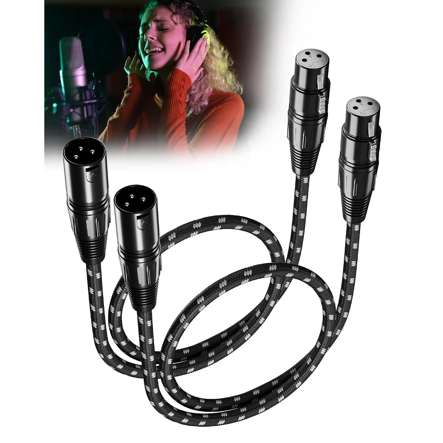 Short XLR Cables 2ft 2 Pack, XLR Microphone  Balanced Shielded Nylon Braided Cord with 3-Pin X LR Male to Female for Microphones Recording, Mixer, Amplifier,Speaker Systems