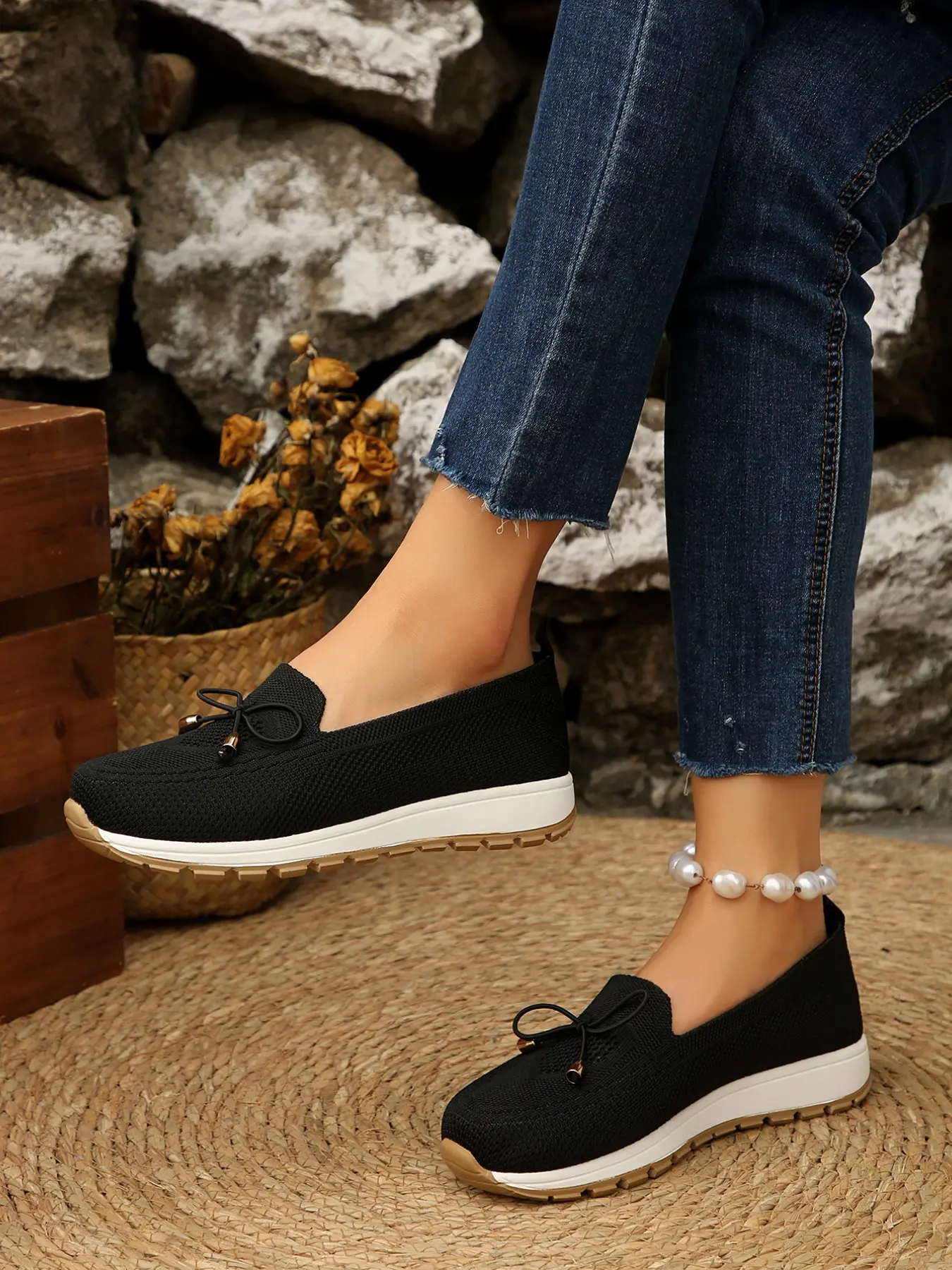 Spring Summer Breathable Mesh Bow Loafers Women, Slip-On Chunky Heel Bean Shoes, Anti-Slip Invisible Height Boost, Casual Comfort