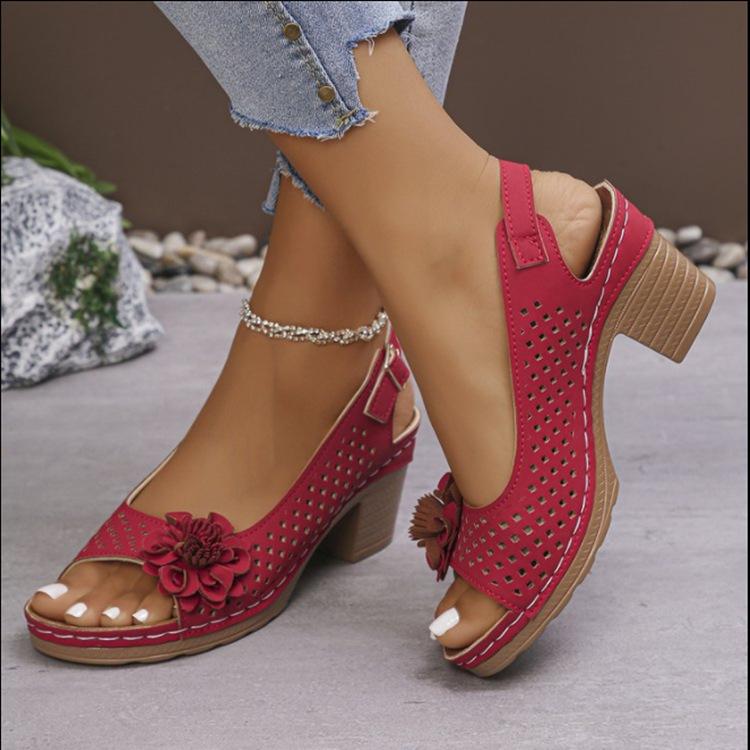 Spring Summer High Heeled Sandals for Women One Strap Hollow Floral Sandals Peep Toe Chunky Heel Sandals Spring Summer High Heeled Sandals for Women One Strap Hollow Floral Sandals Peep Toe Chunky Heel Sandals
