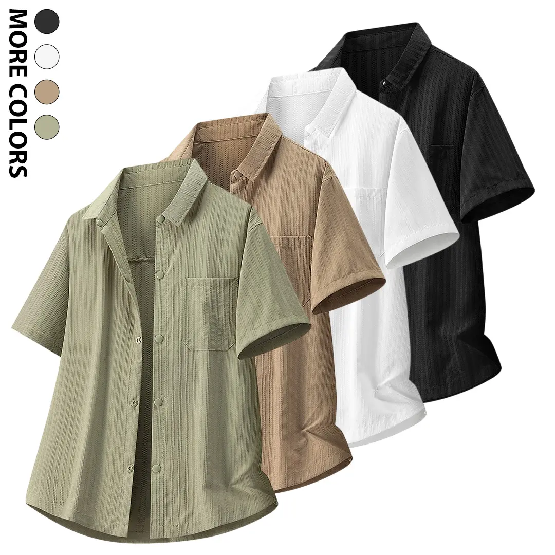 Guys Casual Short Sleeve Button-Up Shirt Textured Vertical Striped Rib Knit Fabric Comfortable Lightweight Breathable Chest Patch Pocket Summer Holiday Travel Outfits Everyday Lounge Loose Fit Smart Commuter Retro Style Male Tops Clothing Fashion 4-Colors