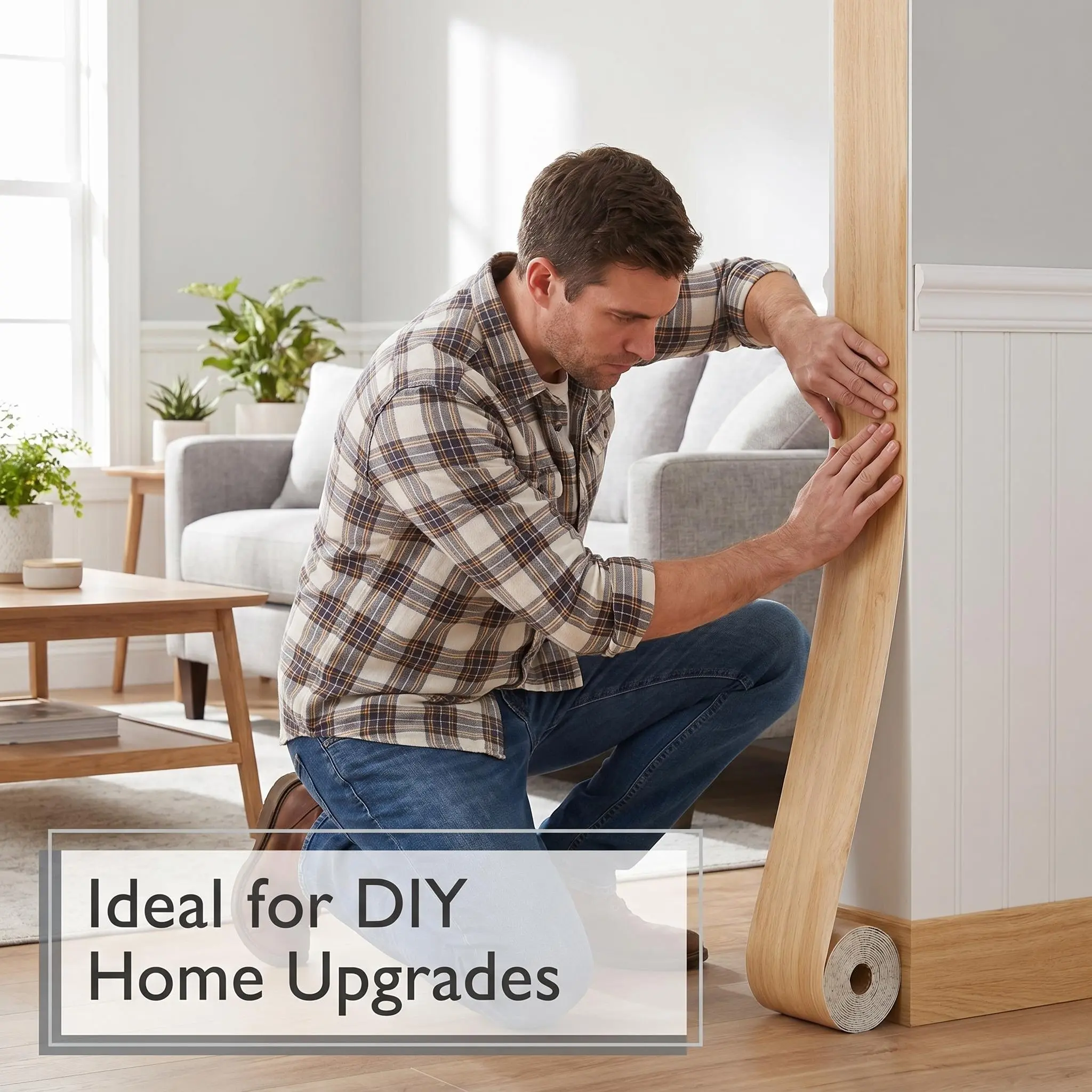 Peel and Stick Wood Grain Baseboard Trim, Self-Adhesive Waterproof PVC Skirting Line, Flexible Wall Border Sticker for DIY Home Upgrade