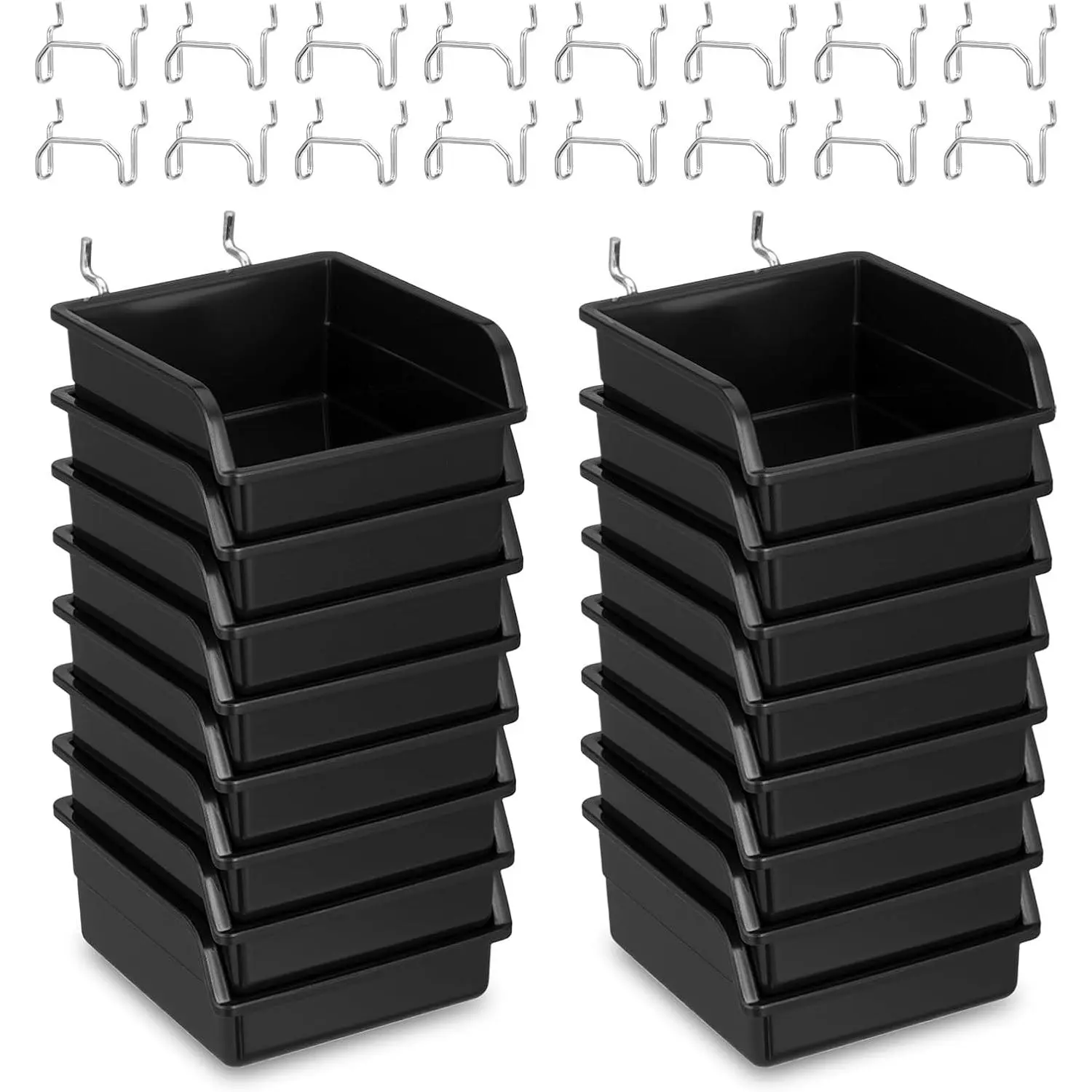 16 count Black Pegboard Bins with Metal Hooks, Heavy Duty Plastic Storage Organizer, Pegboard Tools Organizer for Garage, Workshop, Craft Room, Hardware Tools
