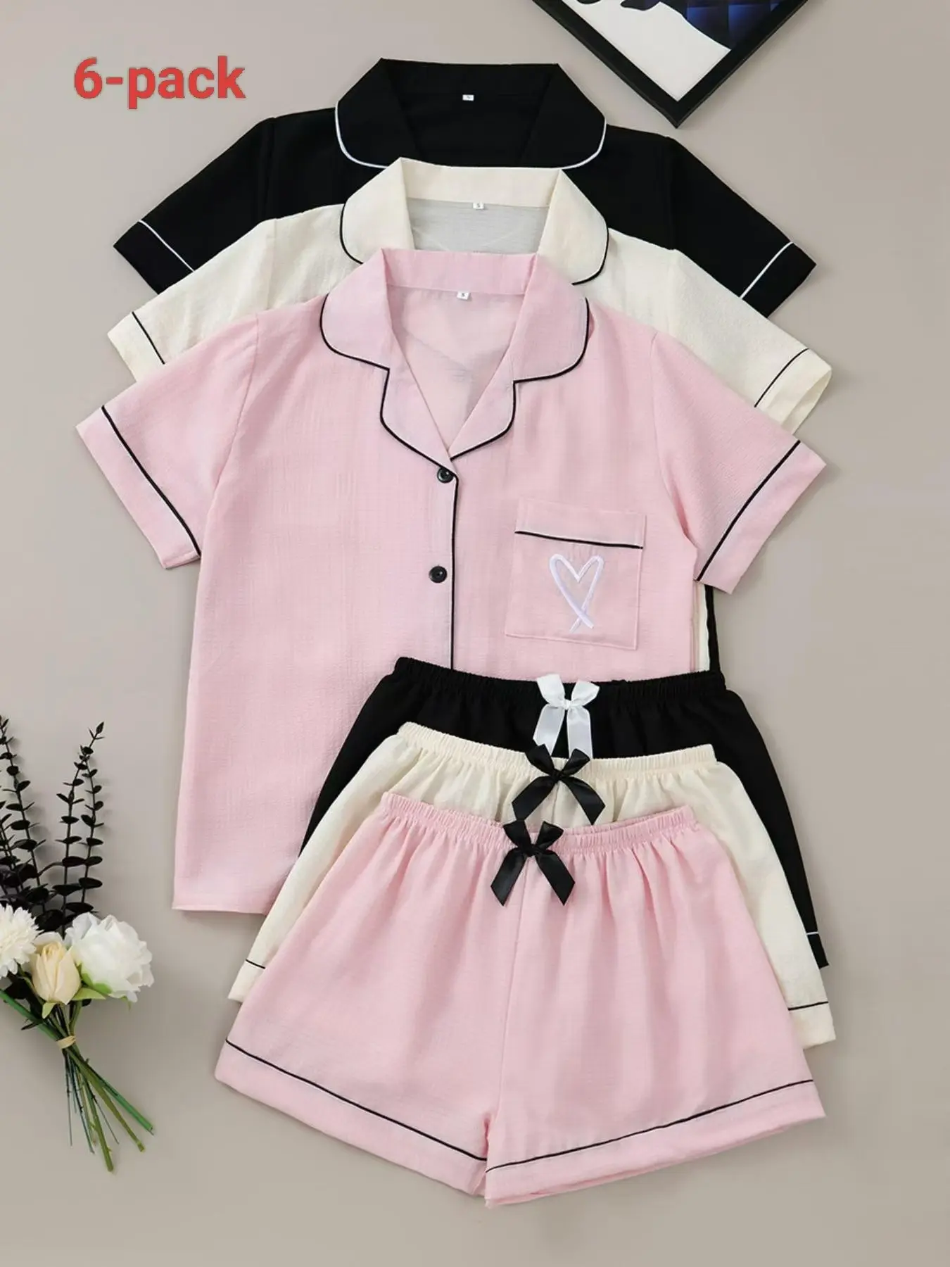 4/6 Piece Heart Embroidered Pajama Set, Short Sleeve Button Front Top and Elastic Waist Shorts, Women's Sleepwear and Loungewear