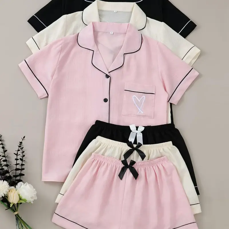 4/6 Piece Heart Embroidered Pajama Set, Short Sleeve Button Front Top and Elastic Waist Shorts, Women's Sleepwear and Loungewear