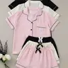 4/6 Piece Heart Embroidered Pajama Set, Short Sleeve Button Front Top and Elastic Waist Shorts, Women's Sleepwear and Loungewear